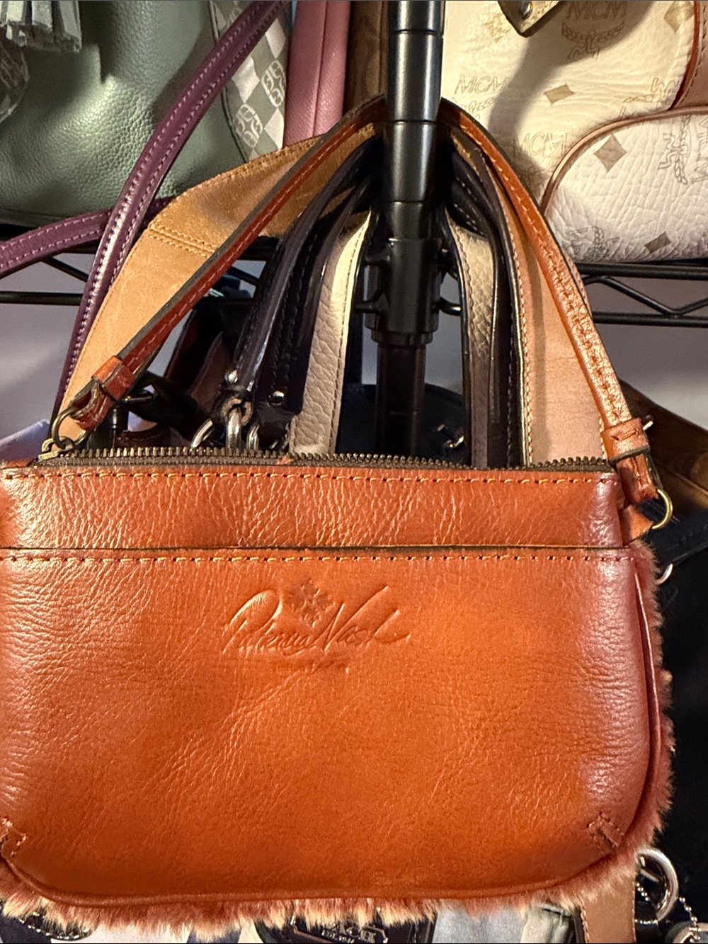 Patricia Nash Leather Wristlet/hand Bag in Cognac Brown-Sheepskin fur